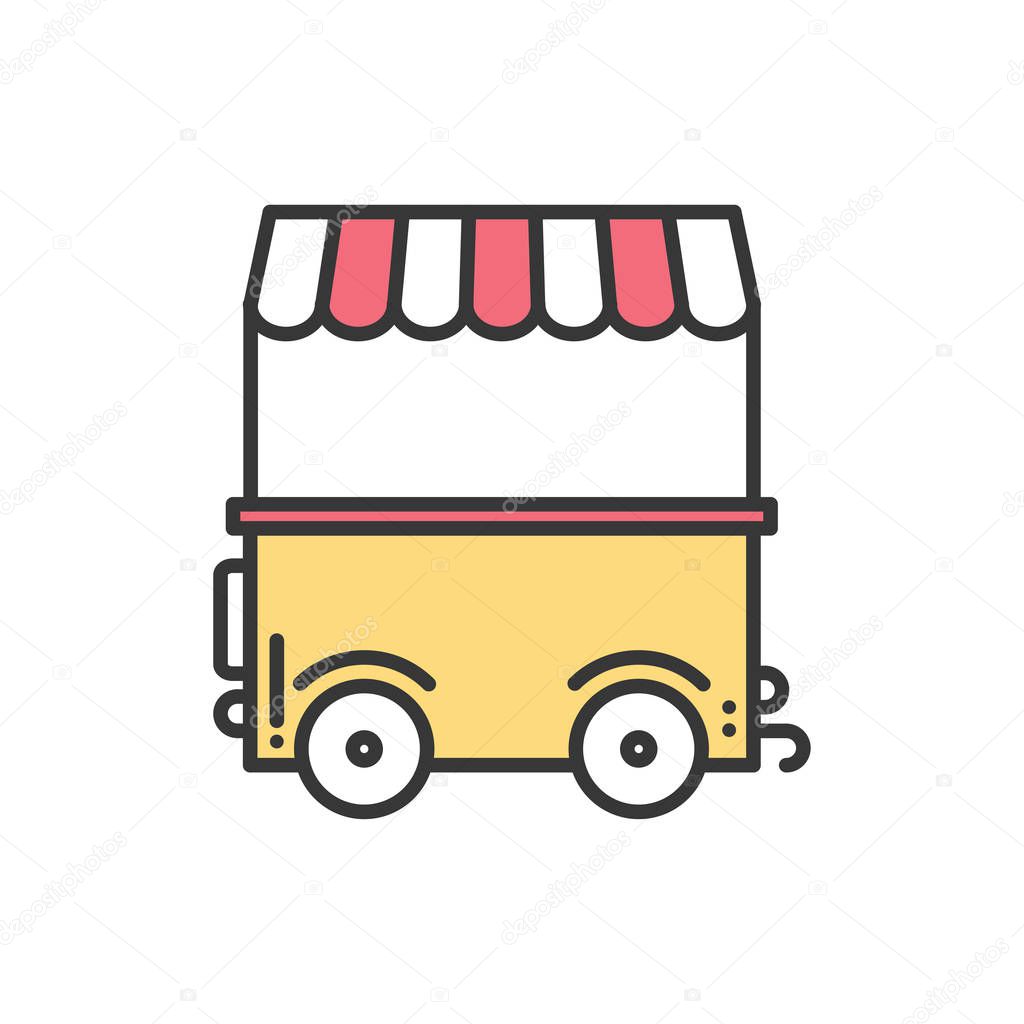 Street food retail thin line icon. Food trolley, truck, kiosk, wheel market stall, mobile cafe, shop, trade cart. Vector linear style icon. Isolated illustration. Symbols. Object. Fast food sale.