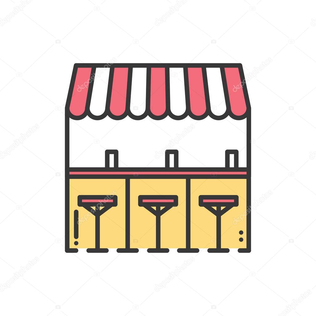 Bar counter with stools thin line icon. Street food retail. Mobile coffee house, bar, shop. Cafe, alcohol drink. Vector linear style icon. Isolated flat illustration. Symbols. Object. Sale.