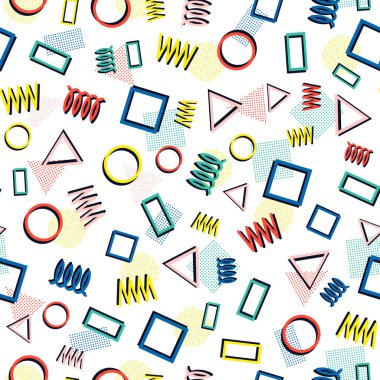 Retro memphis geometrik çizgi kesintisiz desenleri şekillendiriyor. Hippi moda 80-90'lı yılların. Soyut karmakarışık dokular. Zikzak çizgiler. Üçgen. Memphis tarzı için yazdırma, Web sitesi, tasarımı, afişi.