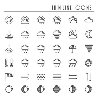 Hava durumu paketi satır Icons set. Meteoroloji. Hava tahmini modaya uygun bir tasarım öğeleri. Mobil uygulaması, web ve aletler için şablon. Vektör stili doğrusal simgeler. İzole illüstrasyon. Sembolleri. Siyah ve beyaz.