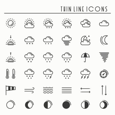 Hava durumu paketi satır Icons set. Meteoroloji. Hava tahmini modaya uygun bir tasarım öğeleri. Mobil uygulaması, web ve aletler için şablon. Vektör stili doğrusal simgeler. İzole illüstrasyon. Sembolleri. Siyah ve beyaz.