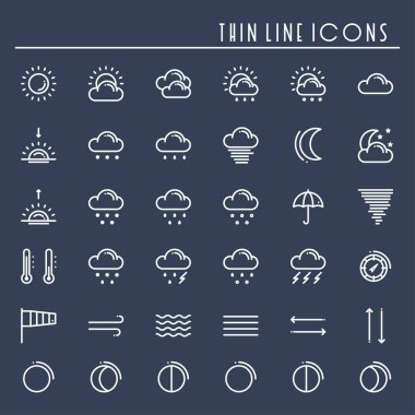 Hava durumu paketi satır Icons set. Meteoroloji. Hava tahmini modaya uygun bir tasarım öğeleri. Mobil uygulaması, web ve aletler için şablon. Vektör stili doğrusal simgeler. İzole illüstrasyon. Sembolleri. Mavi