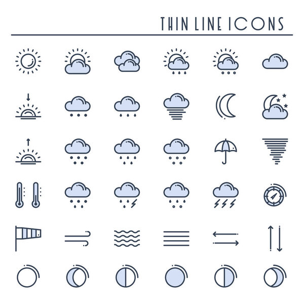 Weather pack line icons set. Meteorology. Weather forecast trendy design elements. Template for mobile app, web and widgets.Vector style linear icons. Isolated illustration. Symbols. Blue