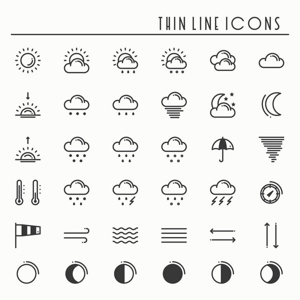 Weather pack line icons set. Meteorology. Weather forecast trendy design elements. Template for mobile app, web and widgets.Vector style linear icons. Isolated illustration. Symbols. Black and white.