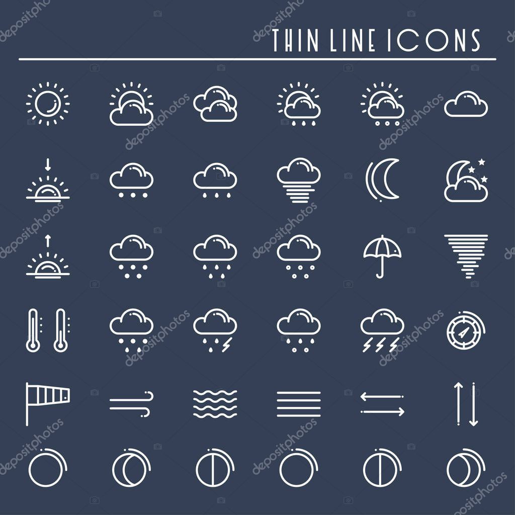 Weather pack line icons set. Meteorology. Weather forecast design elements. Template for mobile app, web and widgets.Vector style linear icons. Isolated illustration. Symbols. Blue