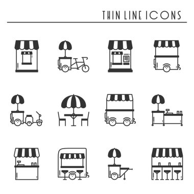 Sokak gıda perakende ince çizgi Icons set. Gıda kamyon, kiosk, arabası, tekerlek piyasa ahır, mobil kafe, dükkan, çadır, ticaret sepeti. Vektör stili doğrusal simgeler. İzole illüstrasyon. Sembol siluet
