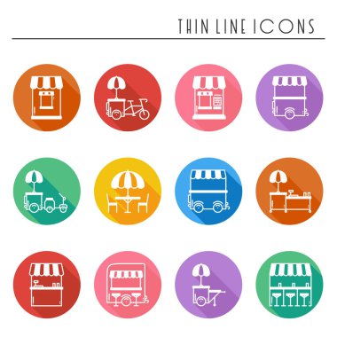 Sokak gıda perakende ince çizgi Icons set. Gıda kamyon, kiosk, arabası, tekerlek piyasa ahır, mobil kafe, dükkan, çadır, ticaret sepeti. Vektör stili doğrusal simgeler. İzole illüstrasyon. Sembol siluet