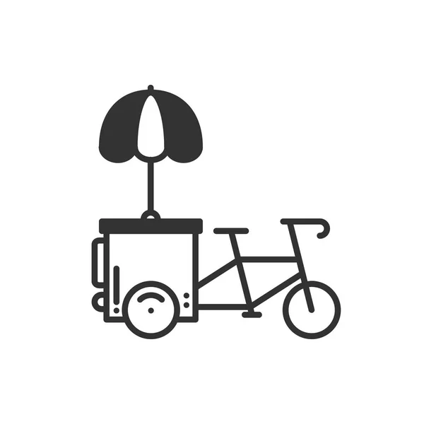 Розница стрит-фуда. Повозка с трициклом. Велосипед с тележкой быстрого питания, велосипед. Магазин колёс, кафе, мобильный киоск, киоск. Линейный значок векторного стиля. Изолированная плоская иллюстрация. Символы. Черный — стоковый вектор