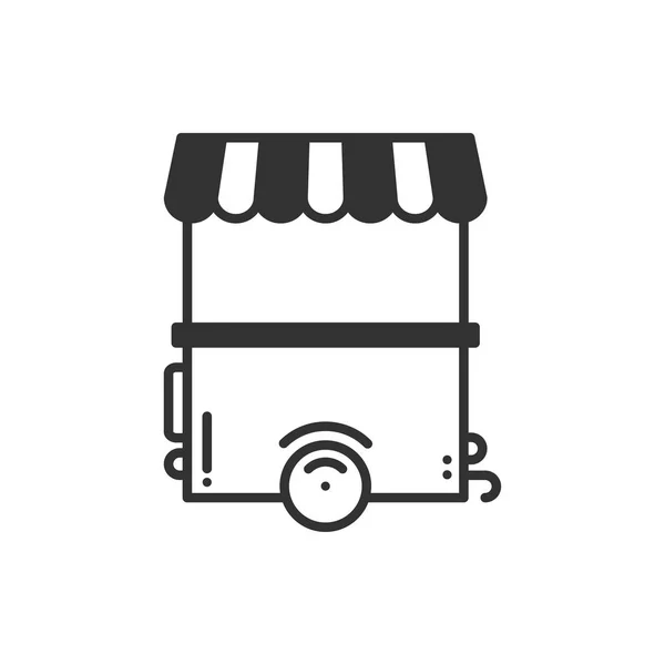 Street-Food-Einzelhandel Thin-Line-Symbol. Lebensmittelwagen, LKW, Kiosk, Radmarktstand, mobiles Café, Geschäft, Einkaufswagen. Vektor lineares Stil-Symbol. Einzelne Illustrationen. Symbole. Objekt. Fast-Food-Verkauf. — Stockvektor