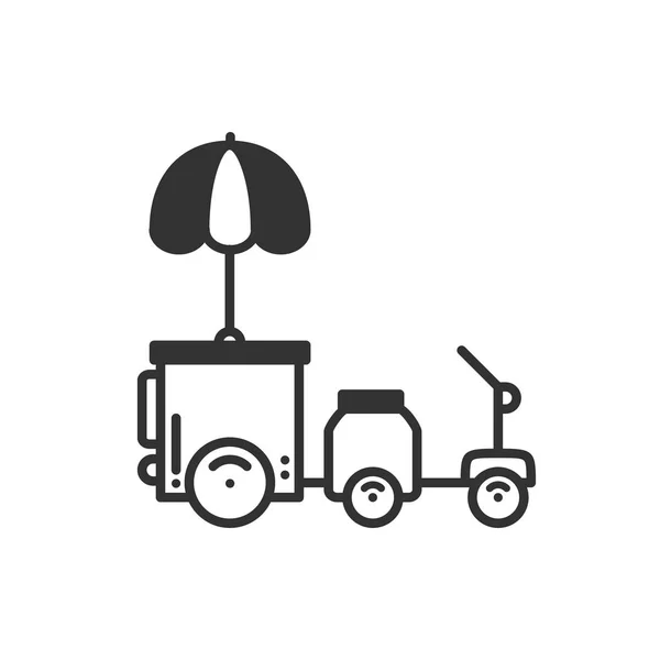 Street food retail thin line icon. Tricycle trade cart. Fast food trolley motorcycle, motorbike. Wheel shop, mobile kiosk, stall. Vector style linear icon. Isolated flat illustration. Symbols. Black — Stock Vector