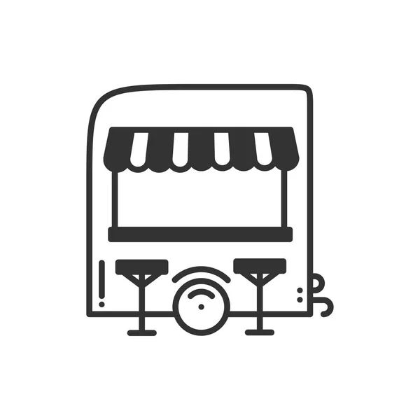 Street food retail thin line icon. Food trolley, truck, kiosk, wheel market stall, mobile cafe, shop, trade cart. Vector linear style icon. Isolated illustration. Symbols. Object. Fast food sale. — Stock Vector