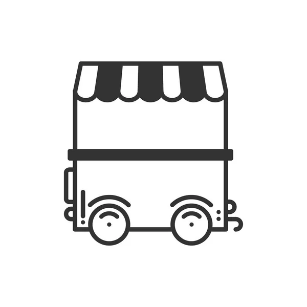 Street-Food-Einzelhandel Thin-Line-Symbol. Lebensmittelwagen, LKW, Kiosk, Radmarktstand, mobiles Café, Geschäft, Einkaufswagen. Vektor lineares Stil-Symbol. Einzelne Illustrationen. Symbole. Objekt. Fast-Food-Verkauf. — Stockvektor