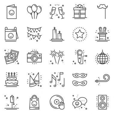 Parti kutlama ince çizgi Icons set. Doğum günü, özel günler, olay, karnaval şenlikli. Temel parti öğeleri simgeler koleksiyonu. Vektör basit doğrusal tasarımı. Resimde. Sembolleri. Maske hediyeler kek havai fişek