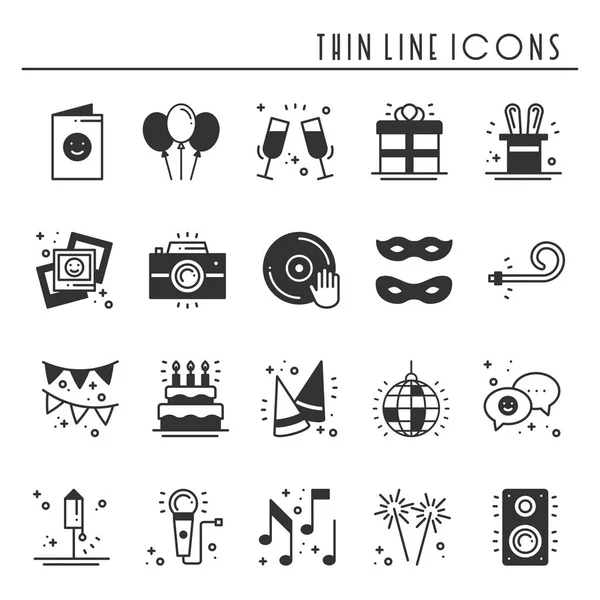 Party celebration thin line icons set. Birthday, holidays, event, carnival festive. Party elements icons collection. Vector silhouette linear design. Illustration. Symbols. Mask gifts cake firework — Stock Vector