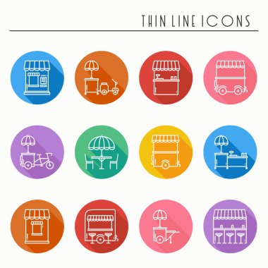 Sokak gıda perakende ince çizgi Icons set. Gıda kamyon, kiosk, arabası, tekerlek piyasa ahır, mobil kafe, dükkan, çadır, ticaret sepeti. Vektör stili doğrusal simgeler. İzole illüstrasyon. Sembolleri
