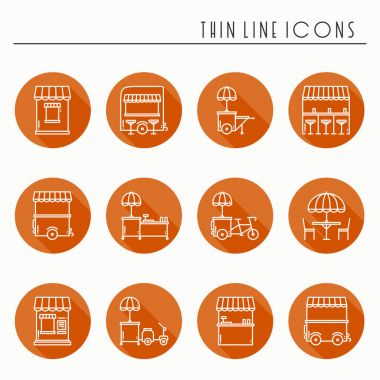Sokak gıda perakende ince çizgi Icons set. Gıda kamyon, kiosk, arabası, tekerlek piyasa ahır, mobil kafe, dükkan, çadır, ticaret sepeti. Vektör stili doğrusal simgeler. İzole illüstrasyon. Sembolleri