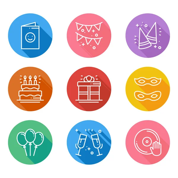 Party celebration thin line icons set. Birthday, holidays, event, carnival festive. Basic party elements icons collection. Vector simple linear design. Illustration. Symbols. Mask gifts cake cocktail — Stock Vector