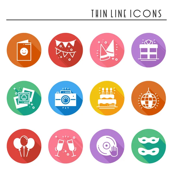 Party celebration thin line icons set. Birthday, holidays, event, carnival festive. Basic party elements icons collection. Vector simple silhouette linear design. Illustration. Symbols. Mask gifts — Stock Vector