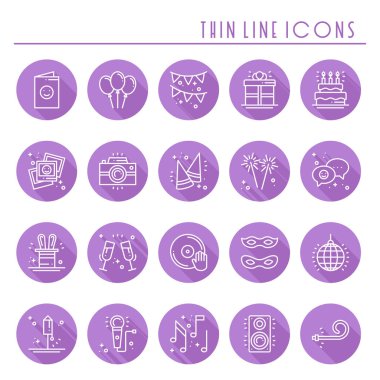 Parti kutlama ince çizgi Icons set. Doğum günü, özel günler, olay, karnaval şenlikli. Temel parti öğeleri simgeler koleksiyonu. Vektör basit doğrusal tasarımı. Resimde. Sembolleri. Maske hediyeler kek havai fişek