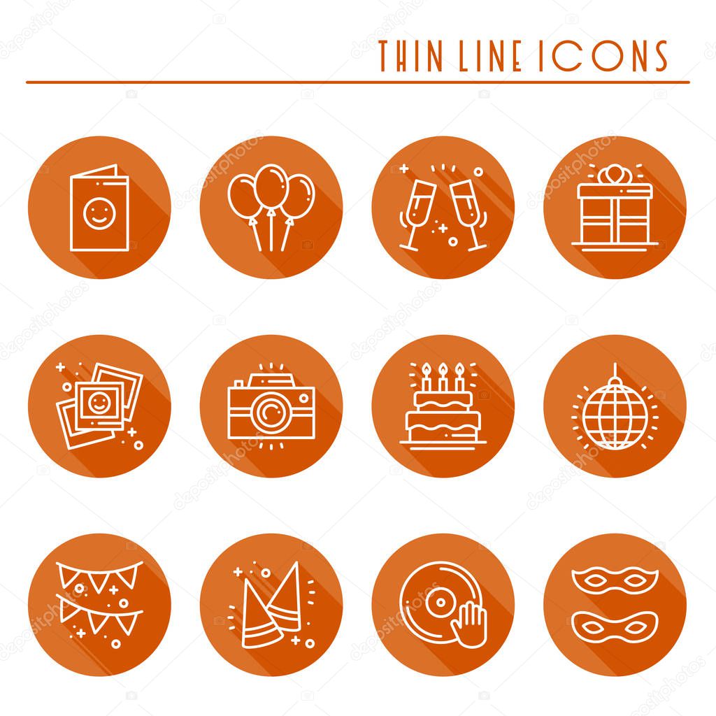 Party celebration thin line icons set. Birthday, holidays, event, carnival festive. Basic party elements icons collection. Vector simple linear design. Illustration. Symbols. Mask gifts cake cocktail