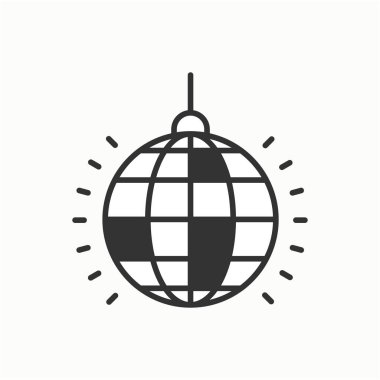 Disko topu simgesi. Disko, dans, gece kulübü. Parti kutlama doğum günü tatil olay karnaval şenlikli. İnce çizgi parti temel öğesi simgesi. Vektör basit doğrusal tasarımı. Resimde. Sembolleri.