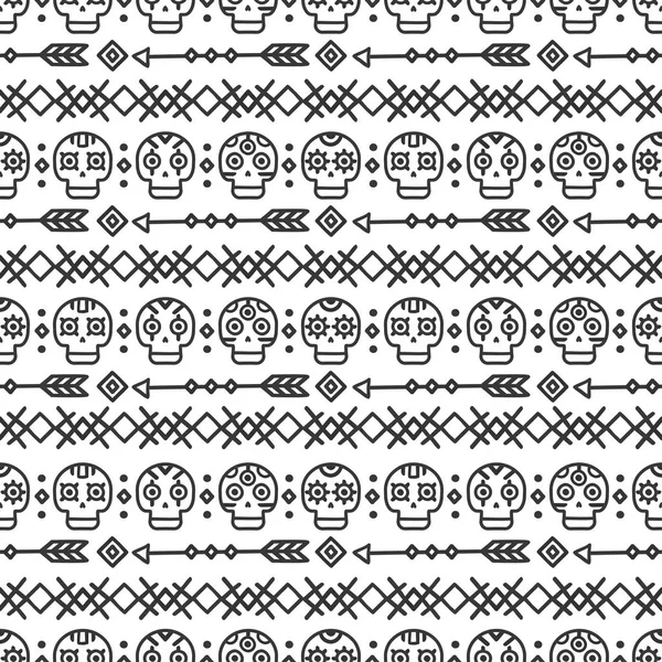 Day of the Dead. Tribal hand drawn line mexican ethnic seamless pattern. Border. Wrapping paper. Print. Doodles. Tiling. Handmade native vector illustration. Aztec background. Texture. Style skull. — Stock Vector