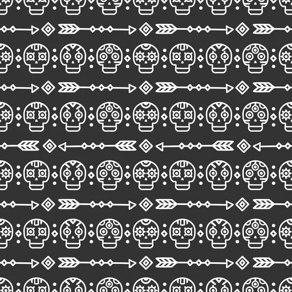 Day of the Dead. Tribal hand drawn line mexican ethnic seamless pattern. Border. Wrapping paper. Print. Doodles. Tiling. Handmade native vector illustration. Aztec background. Texture. Style skull. — Stock Vector