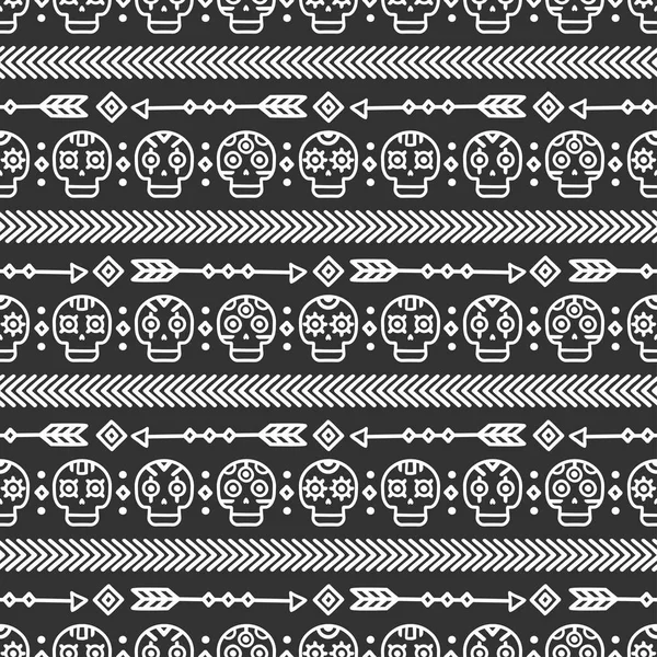 死者の日。部族の手線メキシコ民族シームレス パターン。境界線。包装紙。印刷します。いたずら書き。タイリング。手作りのネイティブのベクトル図です。アステカの背景。テクスチャです。髑髏スタイル. — ストックベクタ