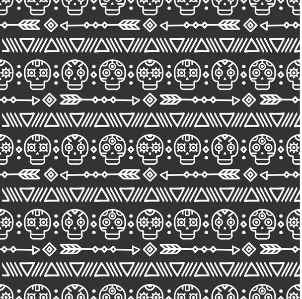 死者の日。部族の手線メキシコ民族シームレス パターン。境界線。包装紙。印刷します。いたずら書き。タイリング。手作りのネイティブのベクトル図です。アステカの背景。テクスチャです。髑髏スタイル. — ストックベクタ