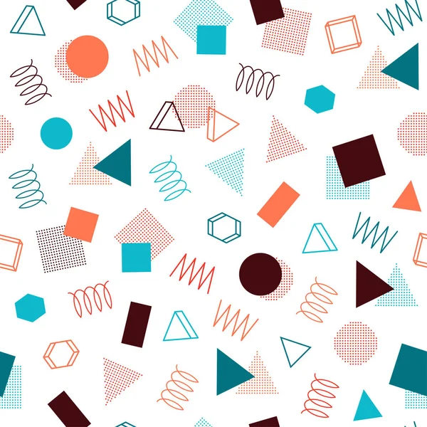 Retro memphis geometric line shapes seamless patterns. Hipster fashion 80-90s. Abstract jumble textures. Zigzag lines. Triangle. Memphis style for printing, website, design, poster. — Stock Vector