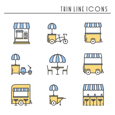 Sokak gıda perakende ince çizgi Icons set. Gıda kamyon, kiosk, arabası, tekerlek piyasa ahır, mobil kafe, dükkan, çadır, ticaret sepeti. Vektör stili doğrusal simgeler. İzole illüstrasyon. Sembol siluet