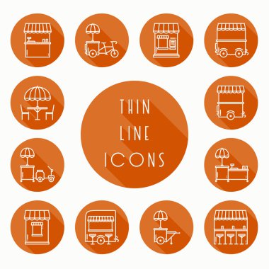 Sokak gıda perakende ince çizgi Icons set. Gıda kamyon, kiosk, arabası, tekerlek piyasa ahır, mobil kafe, dükkan, çadır, ticaret sepeti. Vektör stili doğrusal simgeler. İzole illüstrasyon. Sembol siluet