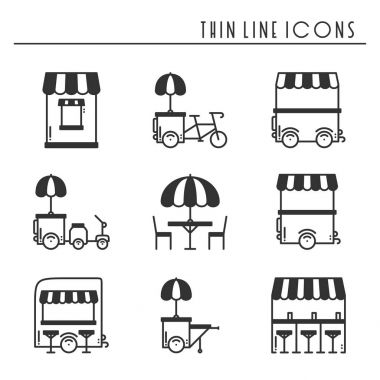 Sokak gıda perakende ince çizgi Icons set. Gıda kamyon, kiosk, arabası, tekerlek piyasa ahır, mobil kafe, dükkan, çadır, ticaret sepeti. Vektör stili doğrusal simgeler. İzole illüstrasyon. Sembol siluet