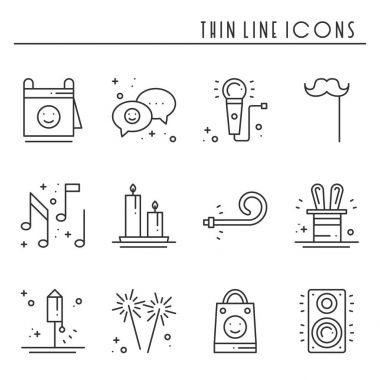 Parti kutlama ince çizgi Icons set. Doğum günü, özel günler, olay, karnaval şenlikli. Temel parti öğeleri simgeler koleksiyonu. Vektör basit doğrusal tasarımı. Resimde. Sembolleri. Maske hediyeler kek havai fişek