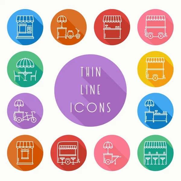 Sokak gıda perakende ince çizgi Icons set. Gıda kamyon, kiosk, arabası, tekerlek piyasa ahır, mobil kafe, dükkan, çadır, ticaret sepeti. Vektör stili doğrusal simgeler. İzole illüstrasyon. Sembol siluet