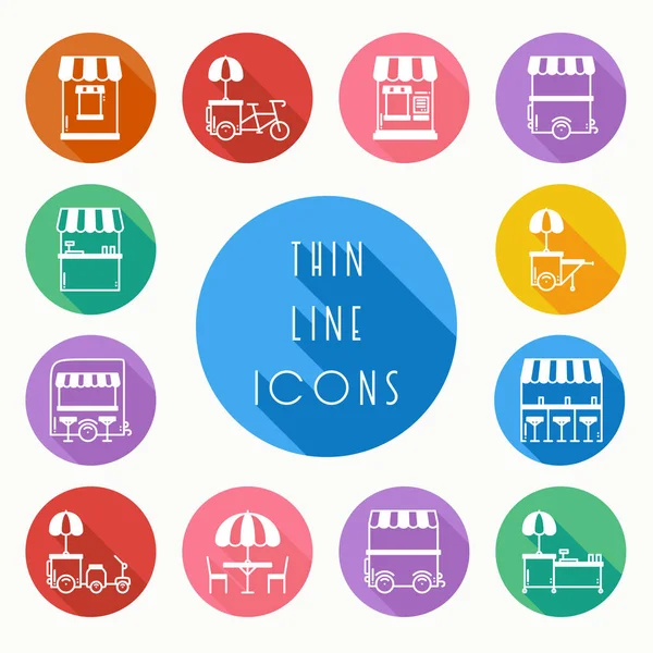 Sokak gıda perakende ince çizgi Icons set. Gıda kamyon, kiosk, arabası, tekerlek piyasa ahır, mobil kafe, dükkan, çadır, ticaret sepeti. Vektör stili doğrusal simgeler. İzole illüstrasyon. Sembol siluet