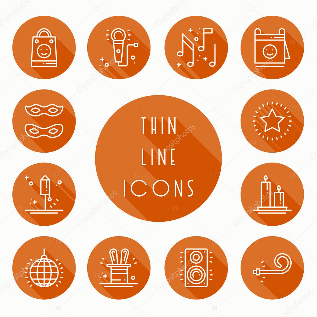 Party celebration thin line icons set. Birthday, holidays, event, carnival festive. Basic party elements icons collection. Vector simple linear design. Illustration. Symbols. Mask gifts cake firework