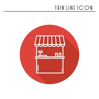 İnce çizgi Icons set. Benzin, Bilet gişesi. Gıda kiosk, arabası, mobil kafe, dükkan, ticaret sepeti. Vektör stili doğrusal simgeler. İzole illüstrasyon. Sembolleri. İtiraz ediyorum. Satılık siluet