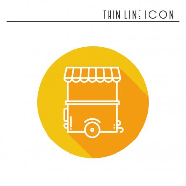 Sokak gıda perakende ince çizgi simgesi. Yiyecek arabası, kamyon, kiosk, tekerlek piyasa ahır, mobil kafe, dükkan, ticaret sepeti. Vektör Lineer stil ikonu. İzole illüstrasyon. Sembolleri. İtiraz ediyorum. Fast food satış.
