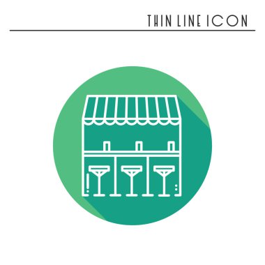 Bar tabureleri olan sayaç satırı simgesi ince. Sokak gıda perakende. Mobil kahve evi, bar, dükkan. Kafe, alkol içki. Vektör Lineer stil ikonu. Düz illüstrasyon izole. Sembolleri. Nesne siluet. Satılık.