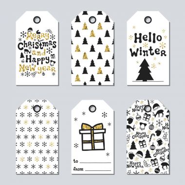 Noel ve yeni yıl hediye etiketleri. Kartları xmas altın ayarlayın. Elle çizilmiş öğe. Tatil kağıt etiket siyah beyaz koleksiyonu. Mevsimlik rozet Satılık tasarım. Altın doku. Yazdırın. Vektör çizim.