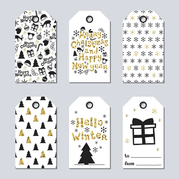 Noel ve yeni yıl hediye etiketleri. Kartları xmas altın ayarlayın. Elle çizilmiş öğe. Tatil kağıt etiket siyah beyaz koleksiyonu. Mevsimlik rozet Satılık tasarım. Altın doku. Yazdırın. Vektör çizim.