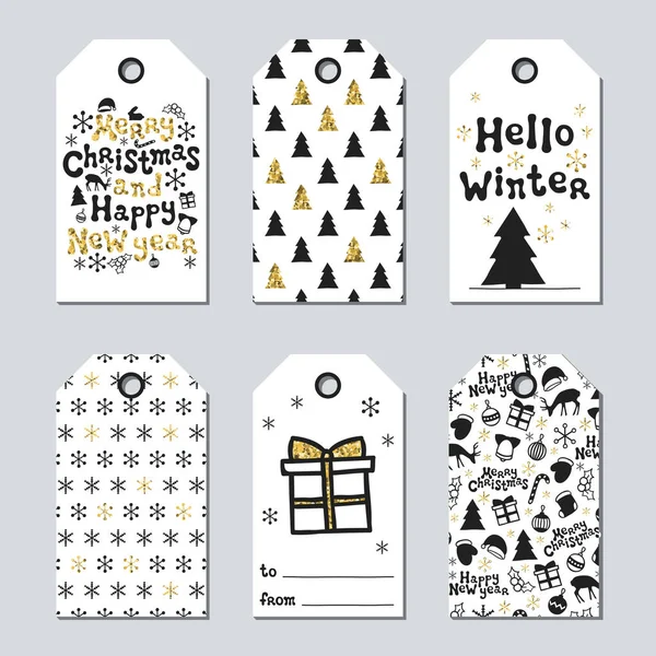 Noel ve yeni yıl hediye etiketleri. Kartları xmas altın ayarlayın. Elle çizilmiş öğe. Tatil kağıt etiket siyah beyaz koleksiyonu. Mevsimlik rozet Satılık tasarım. Altın doku. Yazdırın. Vektör çizim.