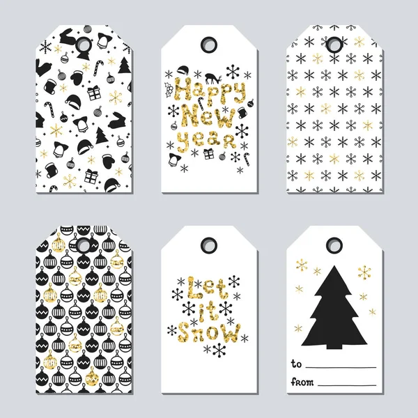 Weihnachten und Neujahr Geschenkanhänger. Karten xmas gold set. Handgezeichnetes Element. Sammlung von Urlaubspapieretiketten in schwarz-weiß. Saisonabzeichen-Verkauf Design. goldene Textur. Druck. Vektorillustration. — Stockvektor