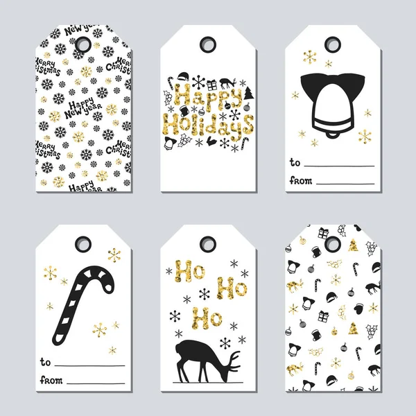 Christmas and New Year gift tags. Cards xmas gold set. Hand drawn element. Collection of holiday paper label in black and white. Seasonal badge sale design. Golden texture. Print. Vector illustration. — Stock Vector