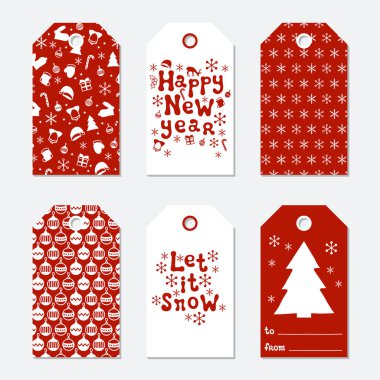 Noel ve yeni yıl hediye etiketleri. Kartları xmas çizim öğeleri el ile ayarlayın. Tatil kağıt etiket kırmızı ve beyaz koleksiyonu. Mevsimlik rozet Satılık tasarım. Doku. Yazdırın. Vektör çizim.