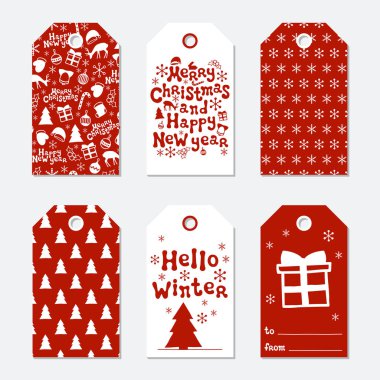 Noel ve yeni yıl hediye etiketleri. Kartları xmas çizim öğeleri el ile ayarlayın. Tatil kağıt etiket kırmızı ve beyaz koleksiyonu. Mevsimlik rozet Satılık tasarım. Doku. Yazdırın. Vektör çizim.