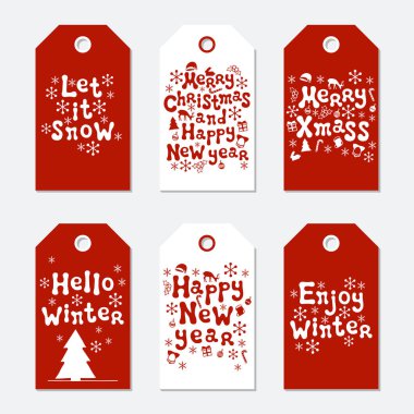 Noel ve yeni yıl hediye etiketleri. Xmas kümesi kartları. Elle çizilmiş öğeleri. Tatil kağıt etiket kırmızı ve beyaz koleksiyonu. Mevsimlik rozet Satılık tasarım. Doku. Yazdırın. Vektör çizim. Yazı.