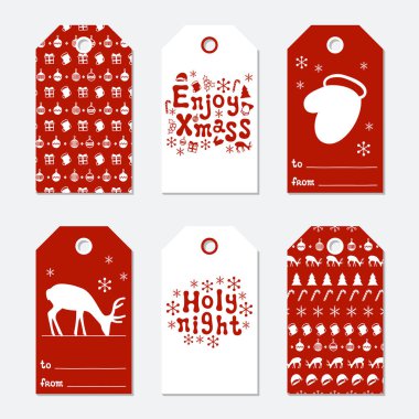 Noel ve yeni yıl hediye etiketleri. Kartları xmas çizim öğeleri el ile ayarlayın. Tatil kağıt etiket kırmızı ve beyaz koleksiyonu. Mevsimlik rozet Satılık tasarım. Doku. Yazdırın. Vektör çizim.