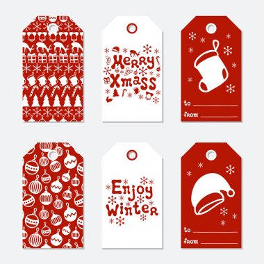 Noel ve yeni yıl hediye etiketleri. Kartları xmas çizim öğeleri el ile ayarlayın. Tatil kağıt etiket kırmızı ve beyaz koleksiyonu. Mevsimlik rozet Satılık tasarım. Doku. Yazdırın. Vektör çizim.